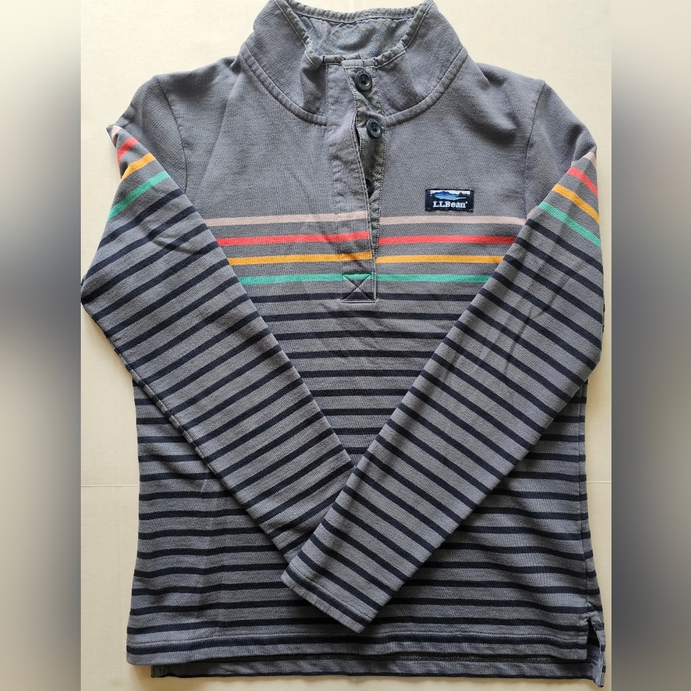 LL Bean Cotton Rugby Henley XS Grey Rainbow Stripe Granola Girl Outdoorsy Nature